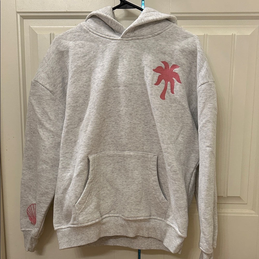 Pink Palm Puff Hawaii Hibiscus hoodie in Heather Cloud color